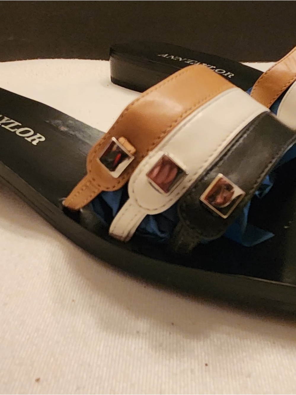 Ann Taylor Tri-Panel Slide Sandals in Tan, White & Black